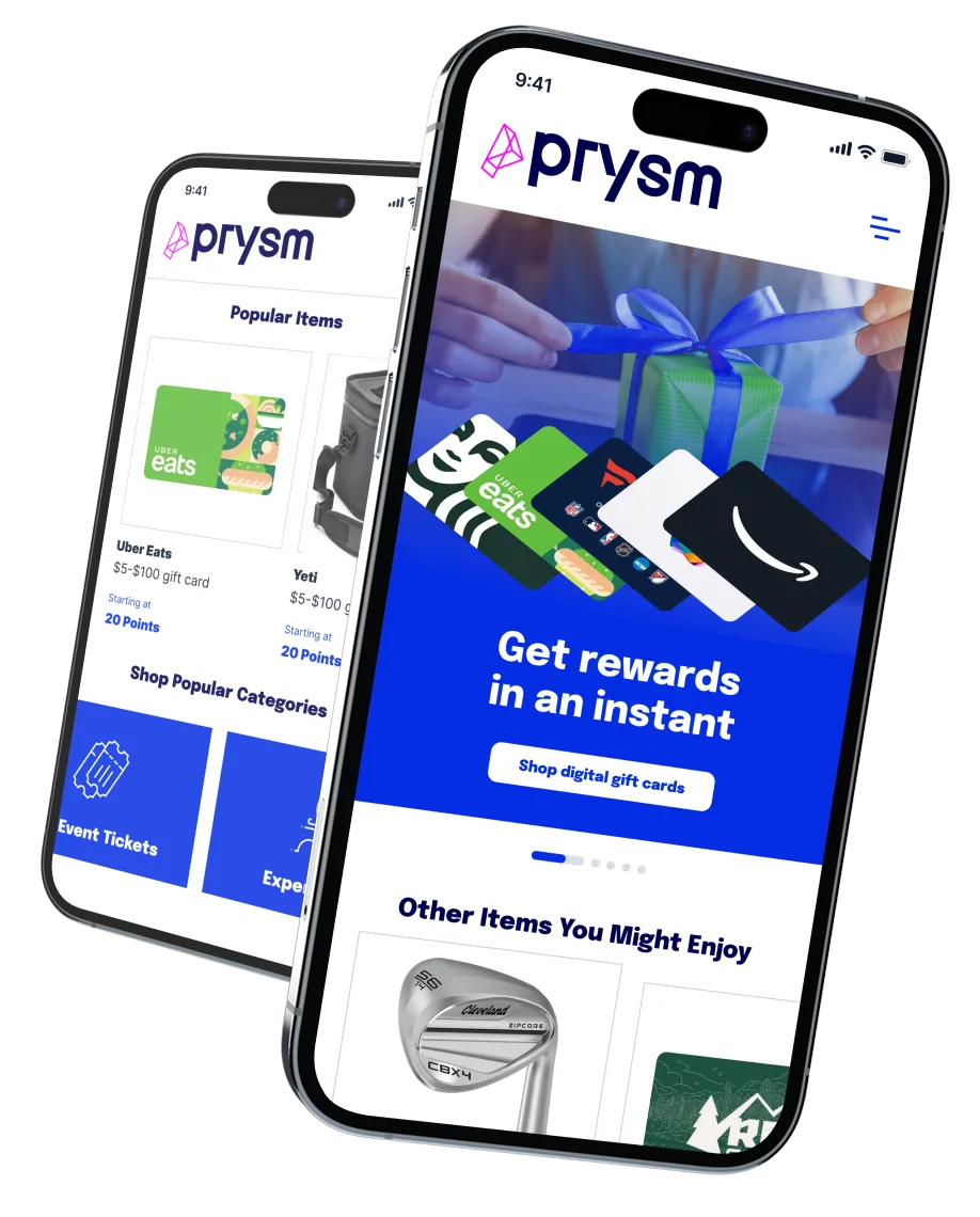 The Prysm by Augeo rewards app on two phones