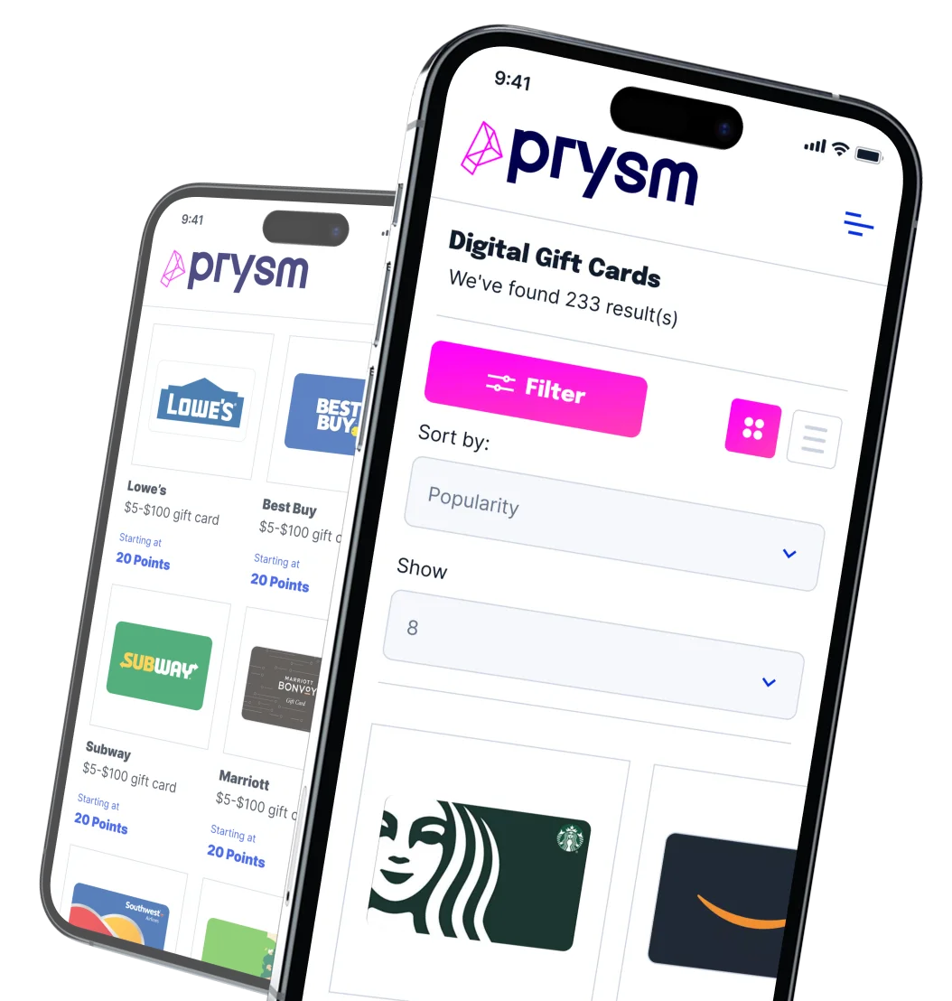 The Prysm by Augeo rewards catalog on two phones
