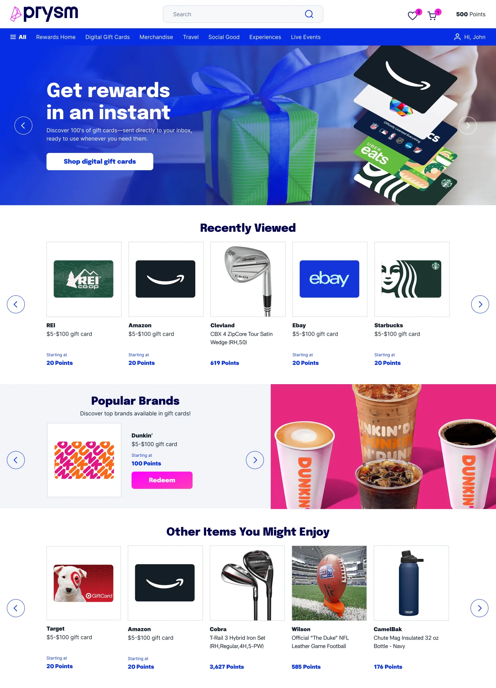 The Prysm by Augeo rewards home screen