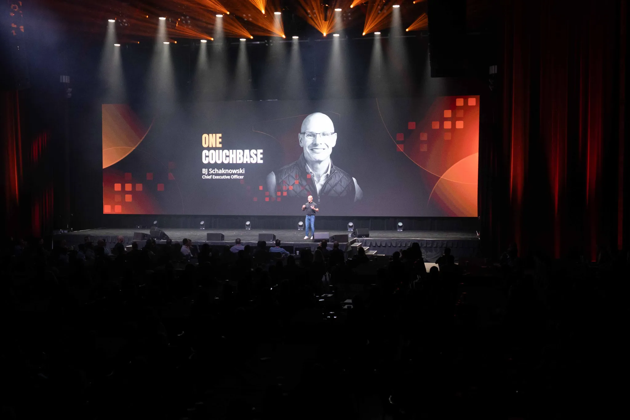 Couchbase Company Kickoff CEO BJ Schaknowski on stage during the One Couchbase opening session