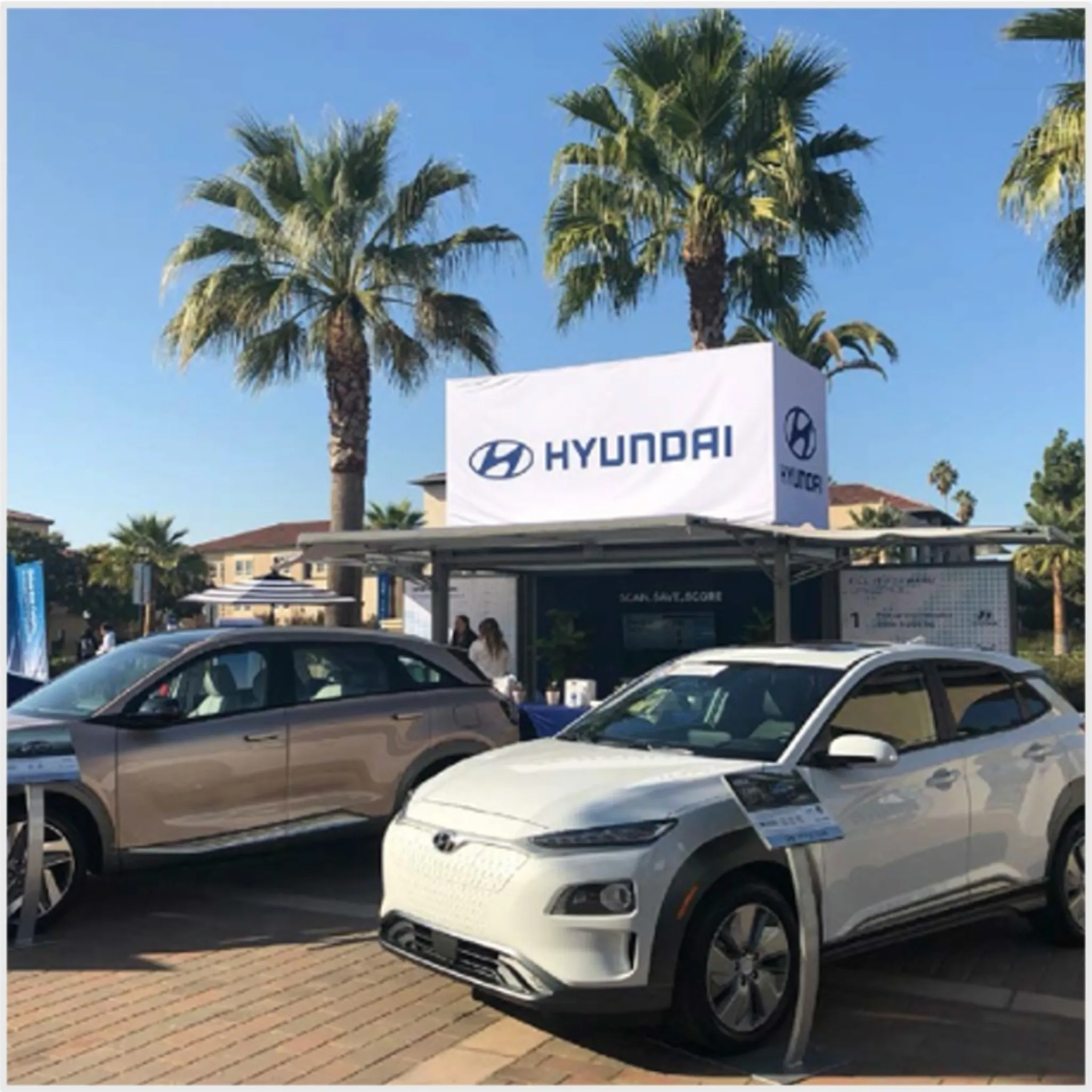 Hyundai electric vehicles displayed under palm trees at a branded outdoor activation with a white Hyundai canopy and logo