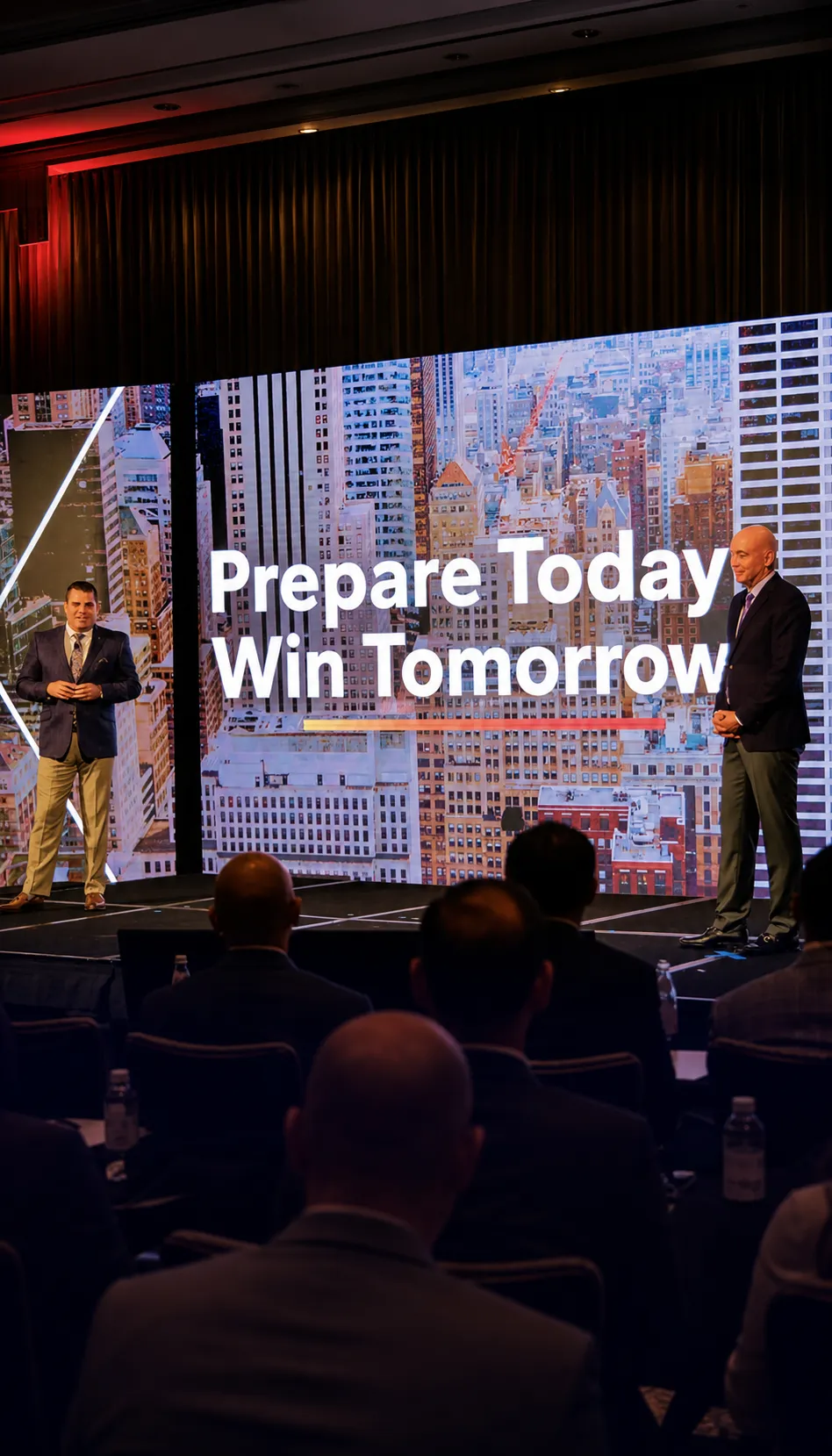 Toyota leadership on stage with a New York City LED backdrop reading 'Prepare Today, Win Tomorrow' at the dealer meeting