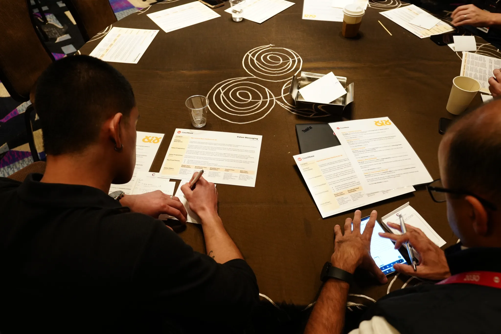 Couchbase Company Kickoff team workshop with branded materials around a round table