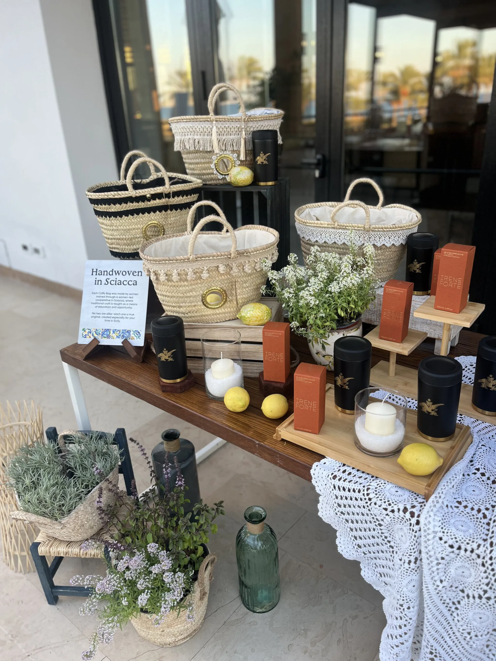 Anheuser-Busch event display of handwoven baskets and branded products from Sciacca, Italy.